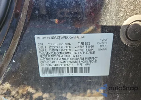 2020 Acura Mdx из США, поврежденный, VIN 5J8YD4H32LL055518